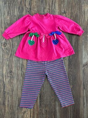Vtg Buster Brown 2-pc Outfit Size 2T L/S Pink Top w/Cherries Striped Pants Y2K